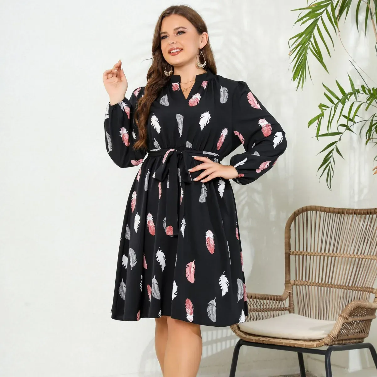 Tara Plus Feather-Print Belted Long-Sleeve Midi Dress