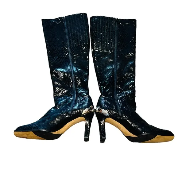 Timothy Hitsman Knee High Black Reptil Leather Size 9 Made in Spain Side Zipped