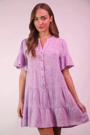 VERY J Mineral Washed Baby Bell Sleeve Woven Mini Dress