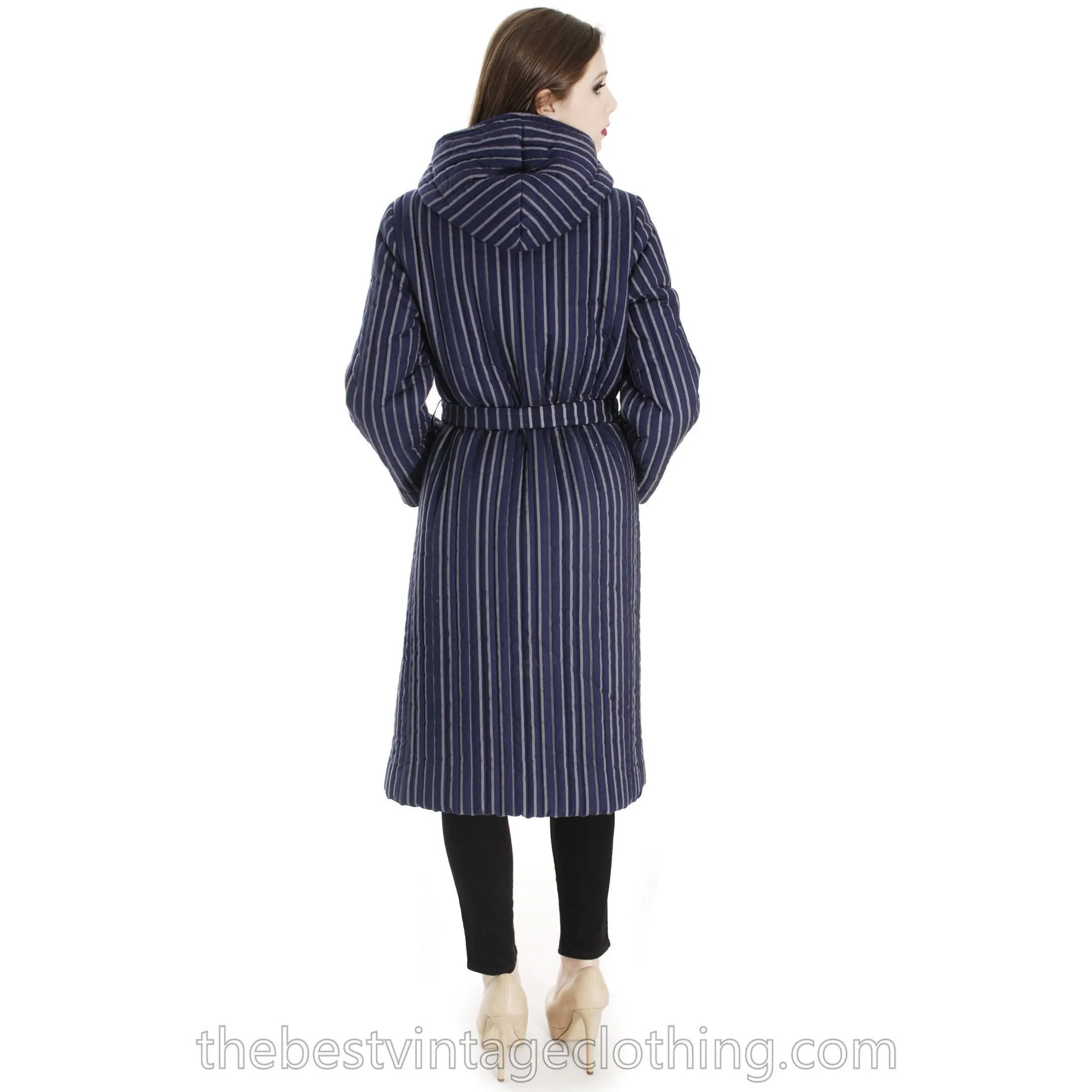 Vintage 1970s Blue Vuokko Suomi Finland Striped Cotton Quilted Coat Snap Front Mod EU 42 S M L