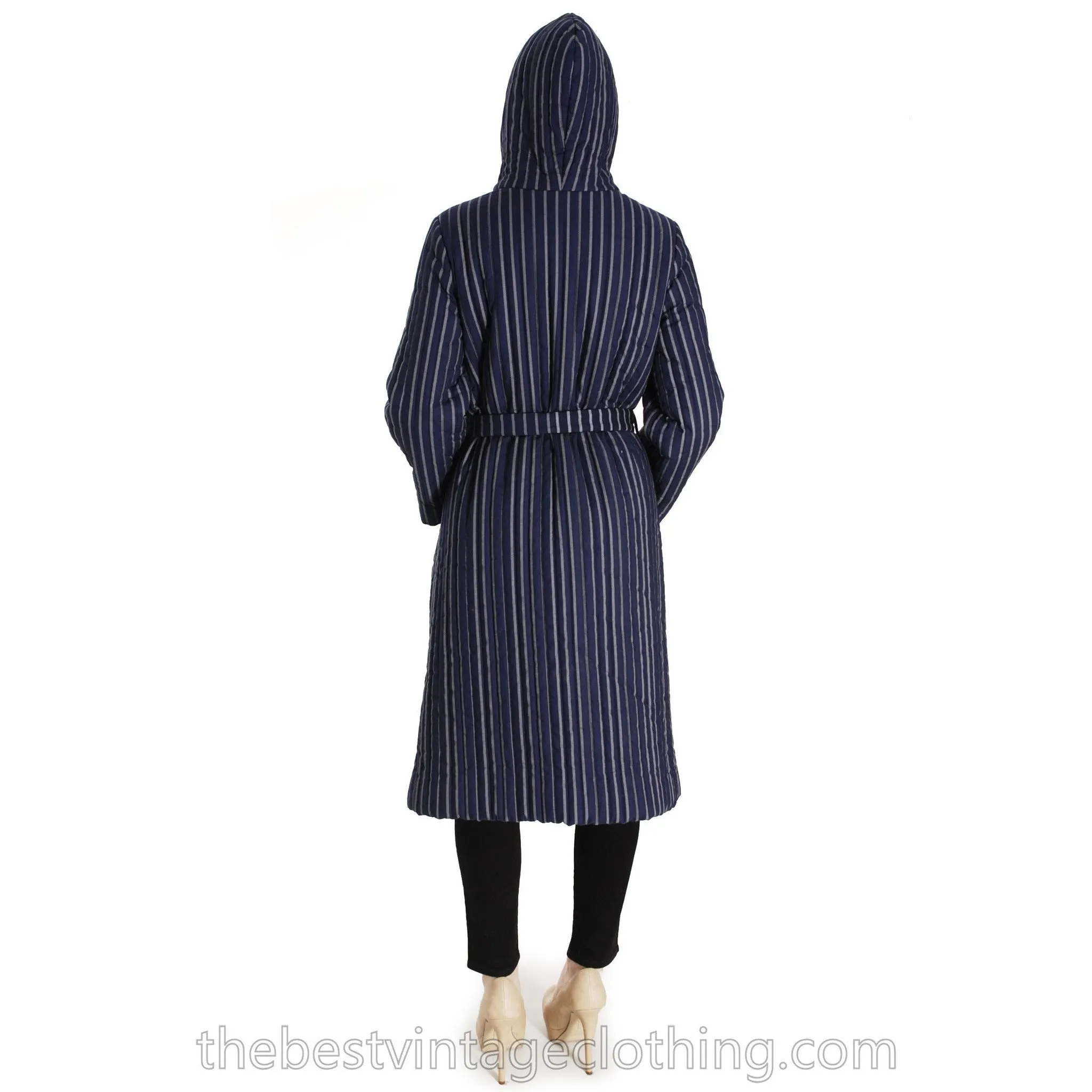 Vintage 1970s Blue Vuokko Suomi Finland Striped Cotton Quilted Coat Snap Front Mod EU 42 S M L