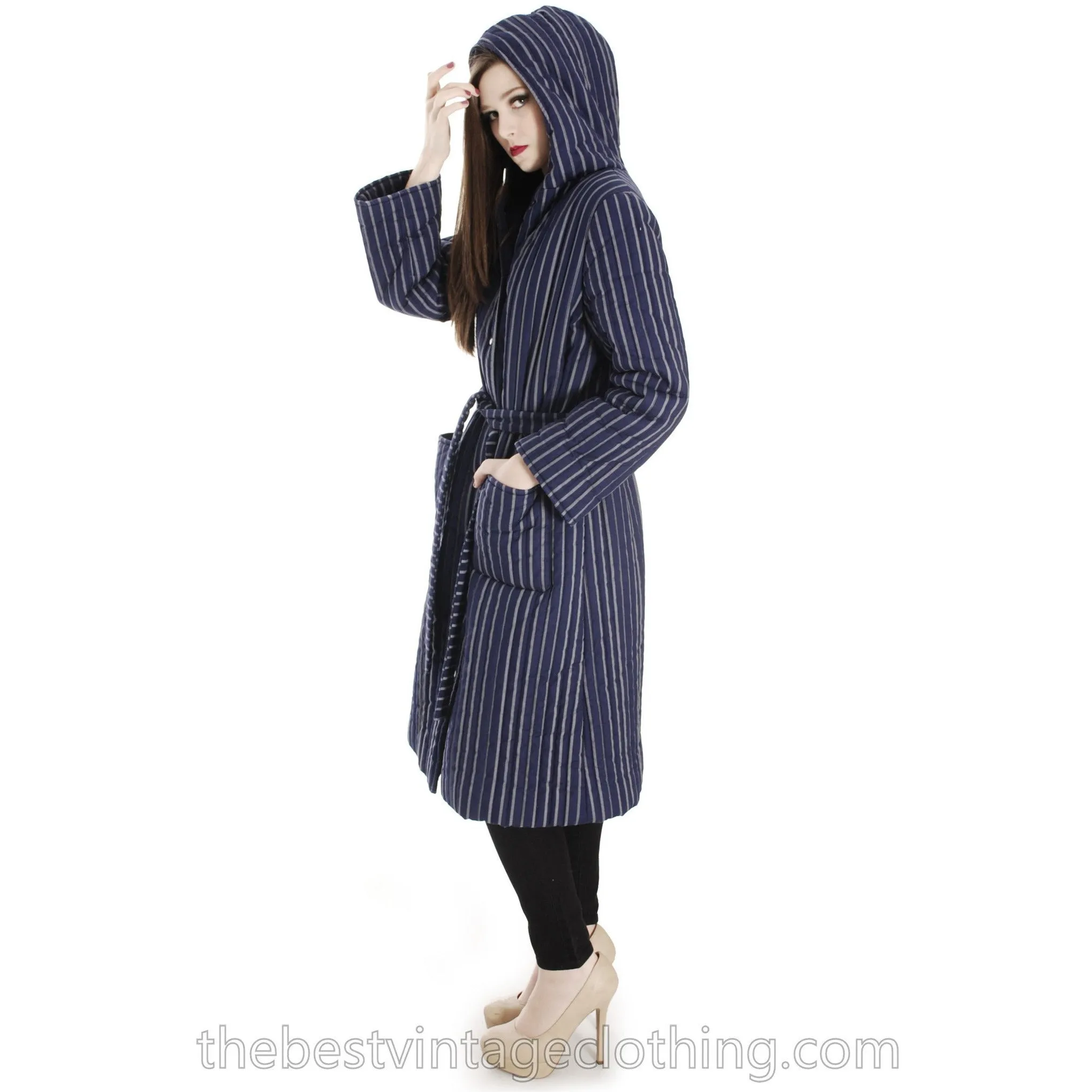 Vintage 1970s Blue Vuokko Suomi Finland Striped Cotton Quilted Coat Snap Front Mod EU 42 S M L