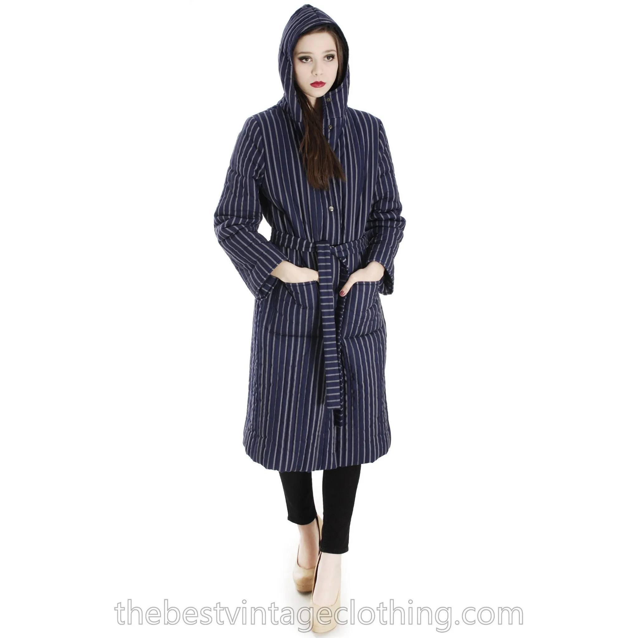 Vintage 1970s Blue Vuokko Suomi Finland Striped Cotton Quilted Coat Snap Front Mod EU 42 S M L