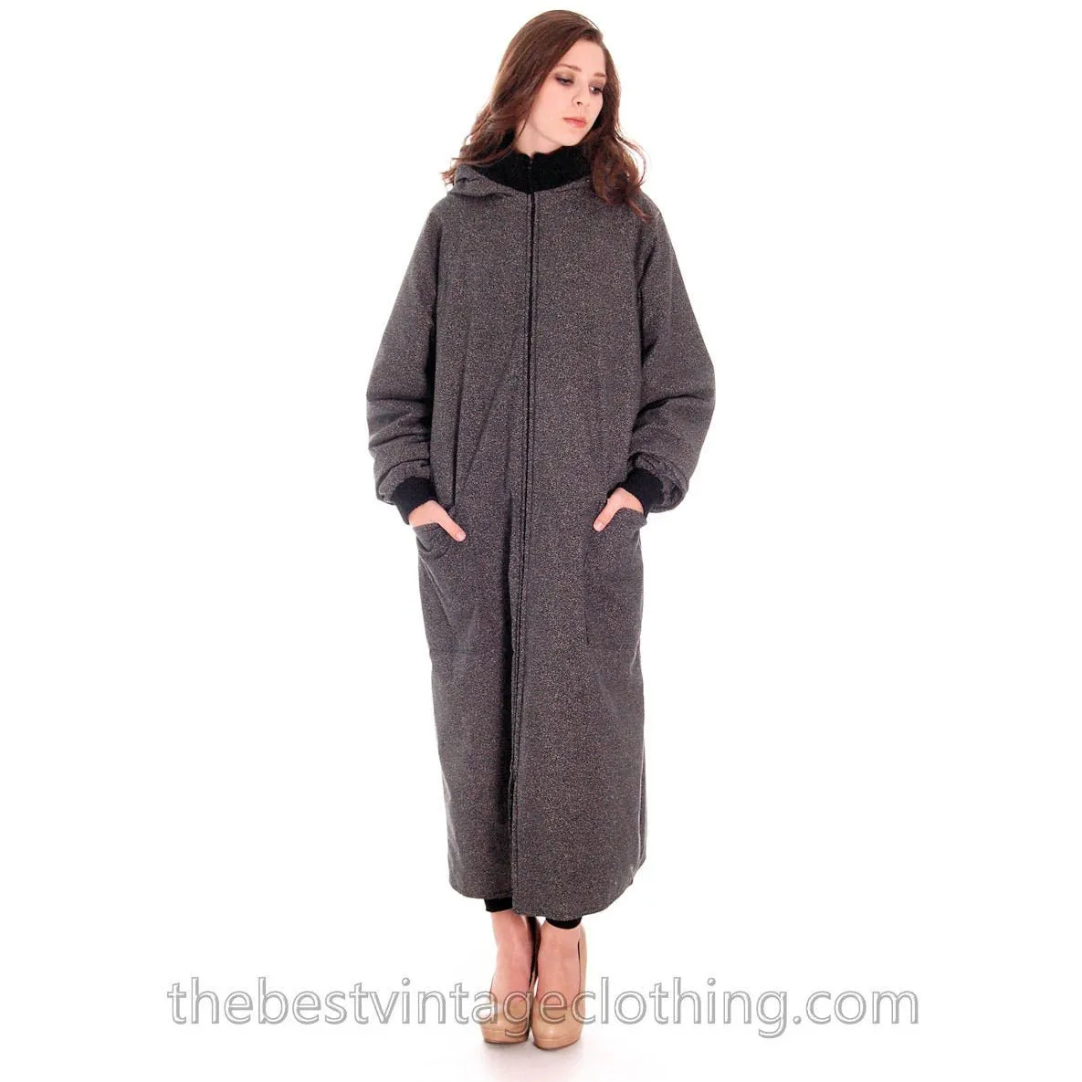 Vintage 1970s Vuokko Maxi Coat Womens Hooded Speckle Design Black Gray Cotton L