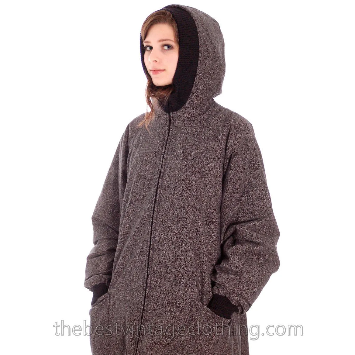 Vintage 1970s Vuokko Maxi Coat Womens Hooded Speckle Design Black Gray Cotton L