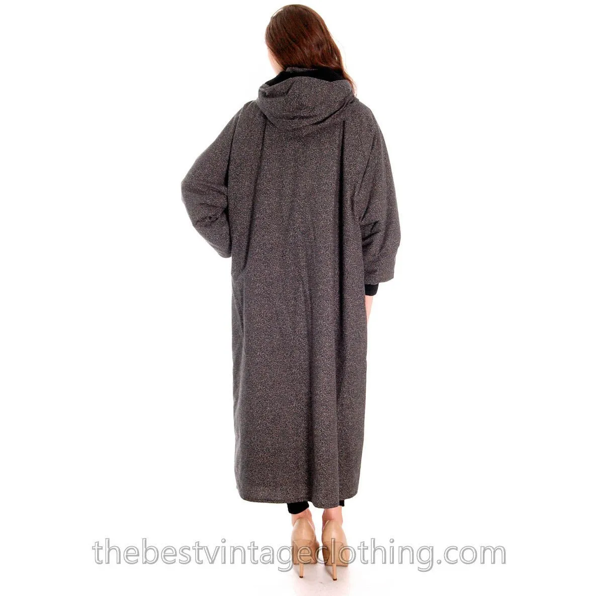 Vintage 1970s Vuokko Maxi Coat Womens Hooded Speckle Design Black Gray Cotton L