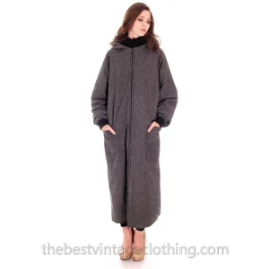 Vintage 1970s Vuokko Maxi Coat Womens Hooded Speckle Design Black Gray Cotton L