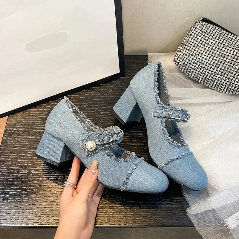 Vintage Chunky Denim Designer High Heels