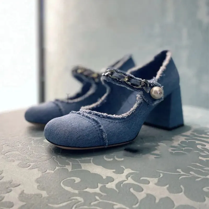 Vintage Chunky Denim Designer High Heels