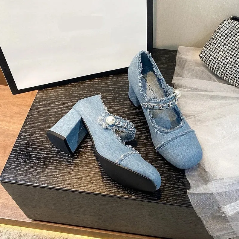 Vintage Chunky Denim Designer High Heels