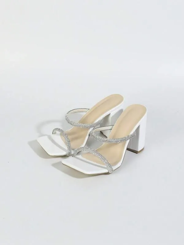 White Single Strap Rhinestone Heels