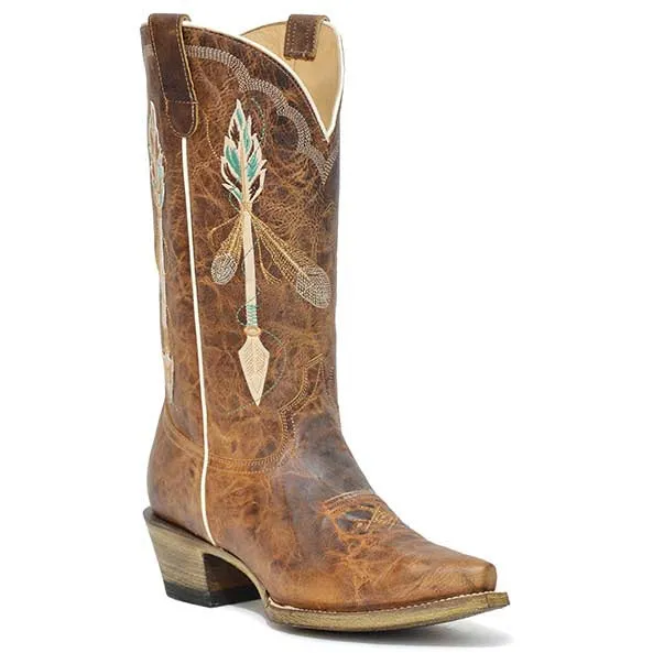 Women's Roper Arrow Feather Leather Boots Handcrafted Brown
