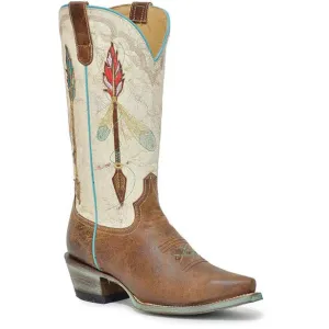 Women's Roper Arrow Feather Leather Boots Handcrafted Tan